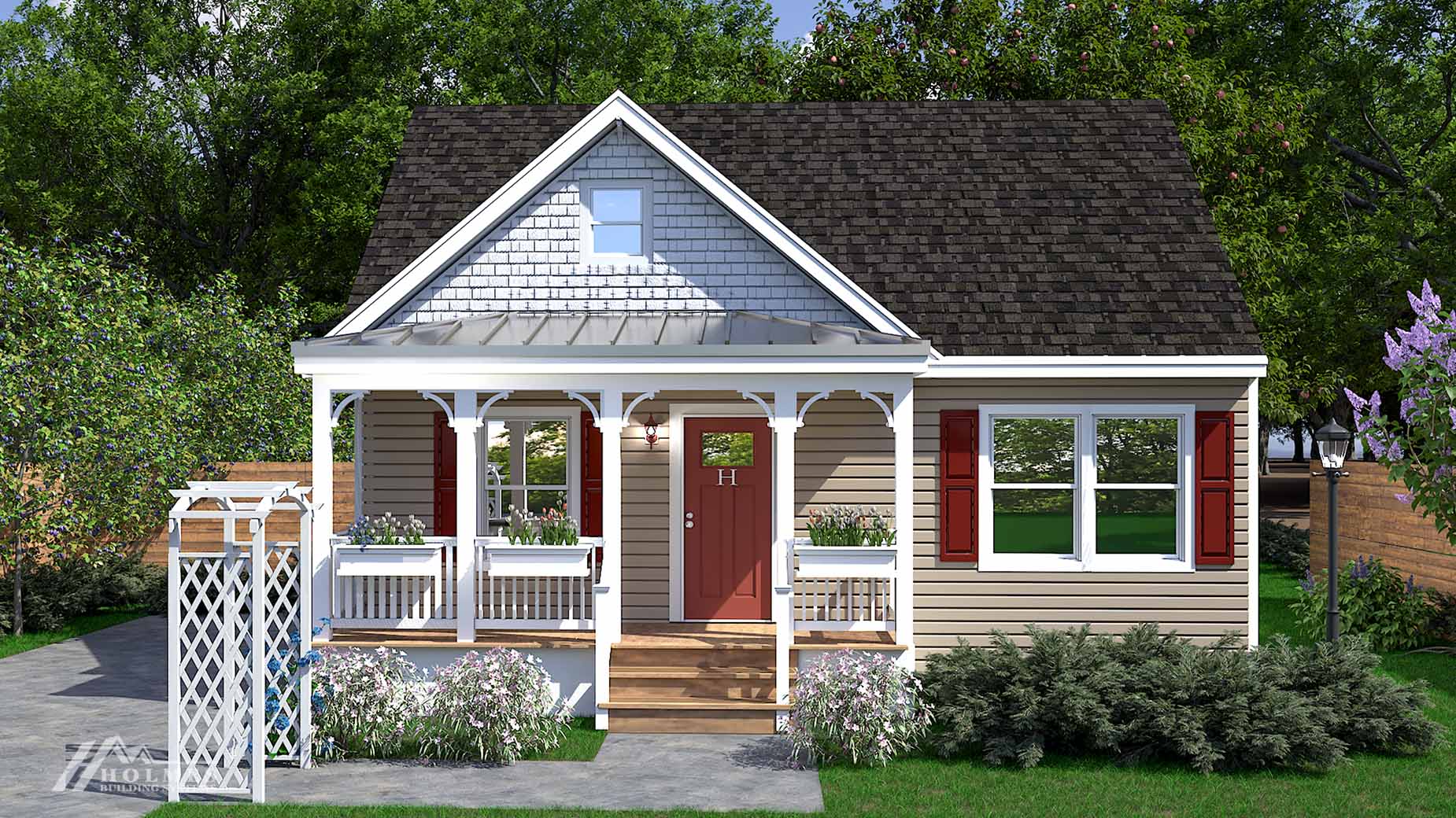 Charming small beige modular home with a front porch, red door, white trim, red shutters, and lush surrounding greenery.