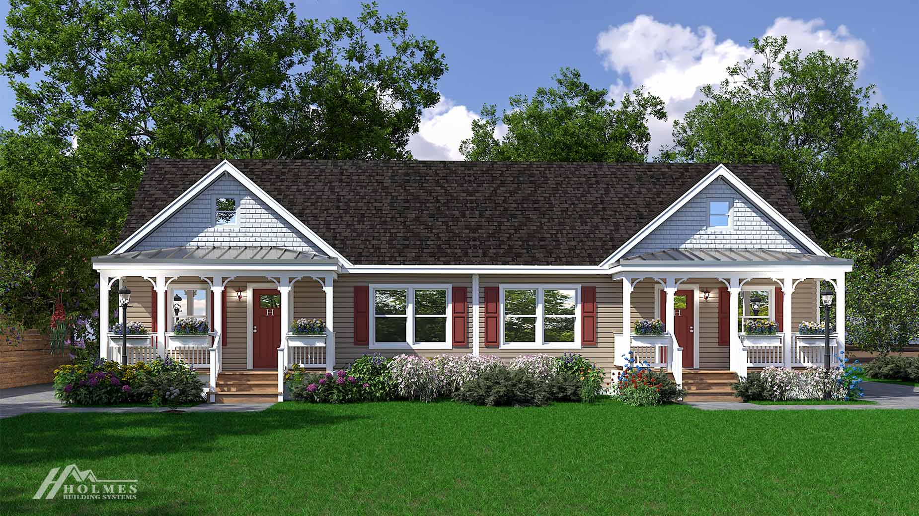Charming duplex cottage with front porches, flower boxes, and lush landscaping, set against leafy trees and blue sky—a perfect blend of modular home design and classic appeal.