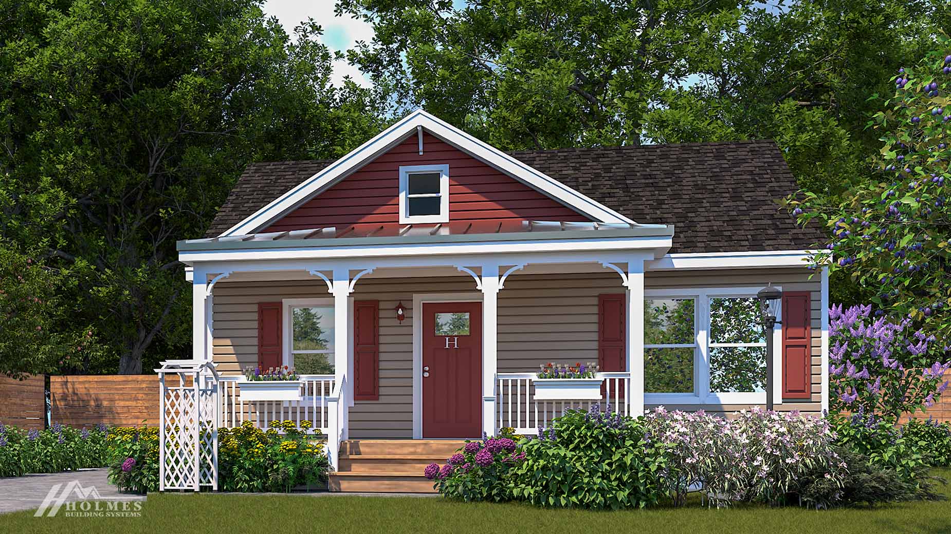 Charming modular home in beige and red, featuring a front porch, white trim, and a lush garden out front, all nestled among tall trees.