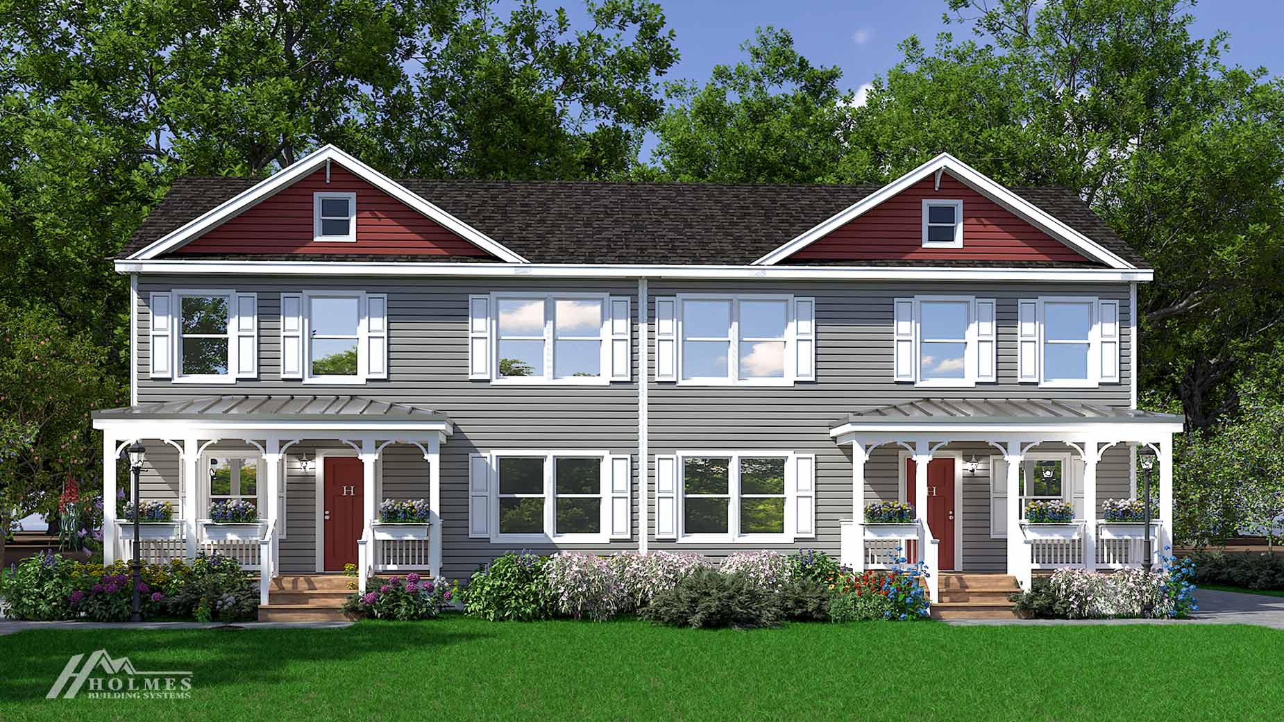 Two-story gray modular home duplex with white trim, red gables, front porches, and flower boxes under the windows.