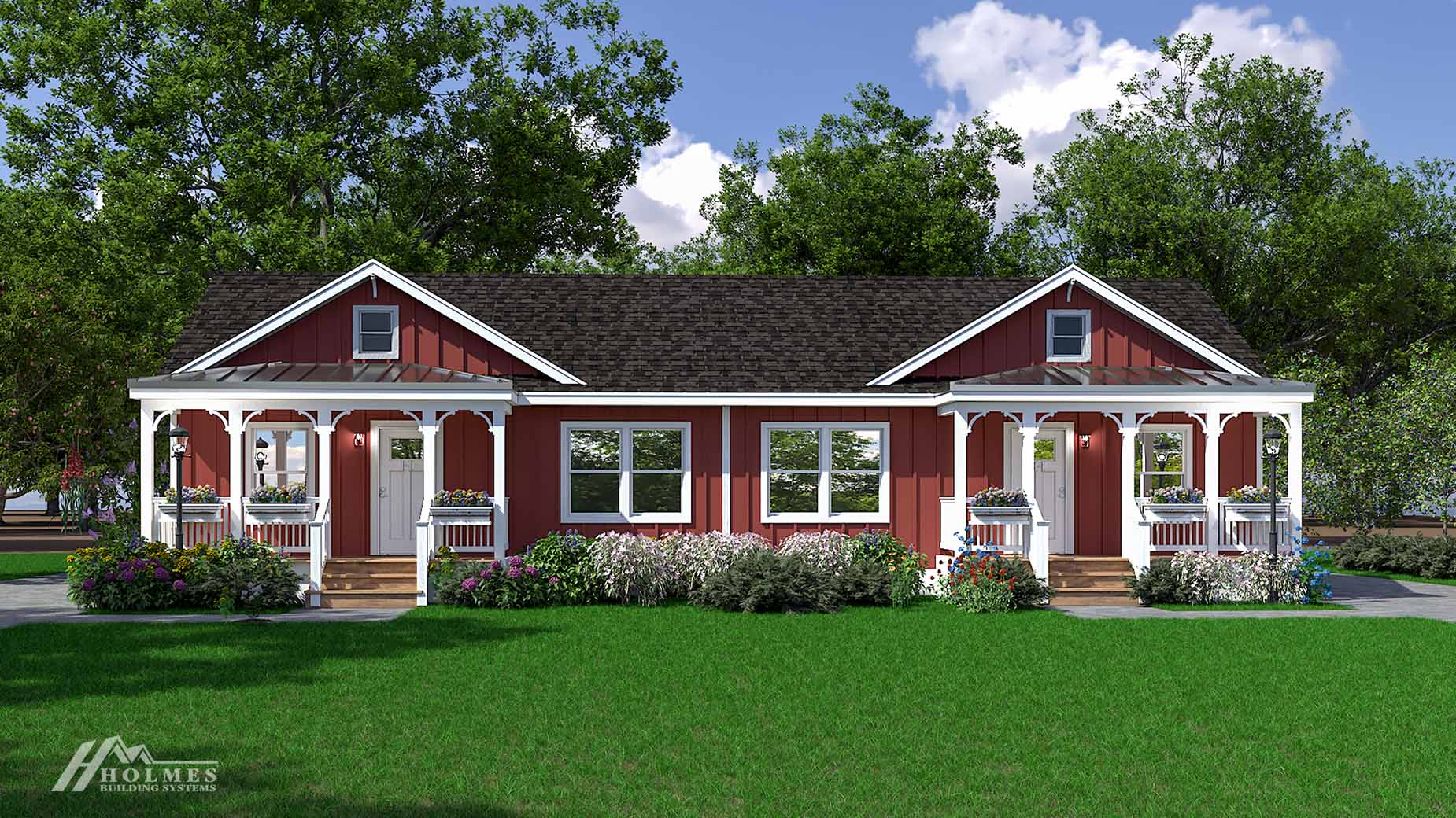 Red modular duplex home with white trim, two front porches, and a green lawn, surrounded by trees and shrubs.
