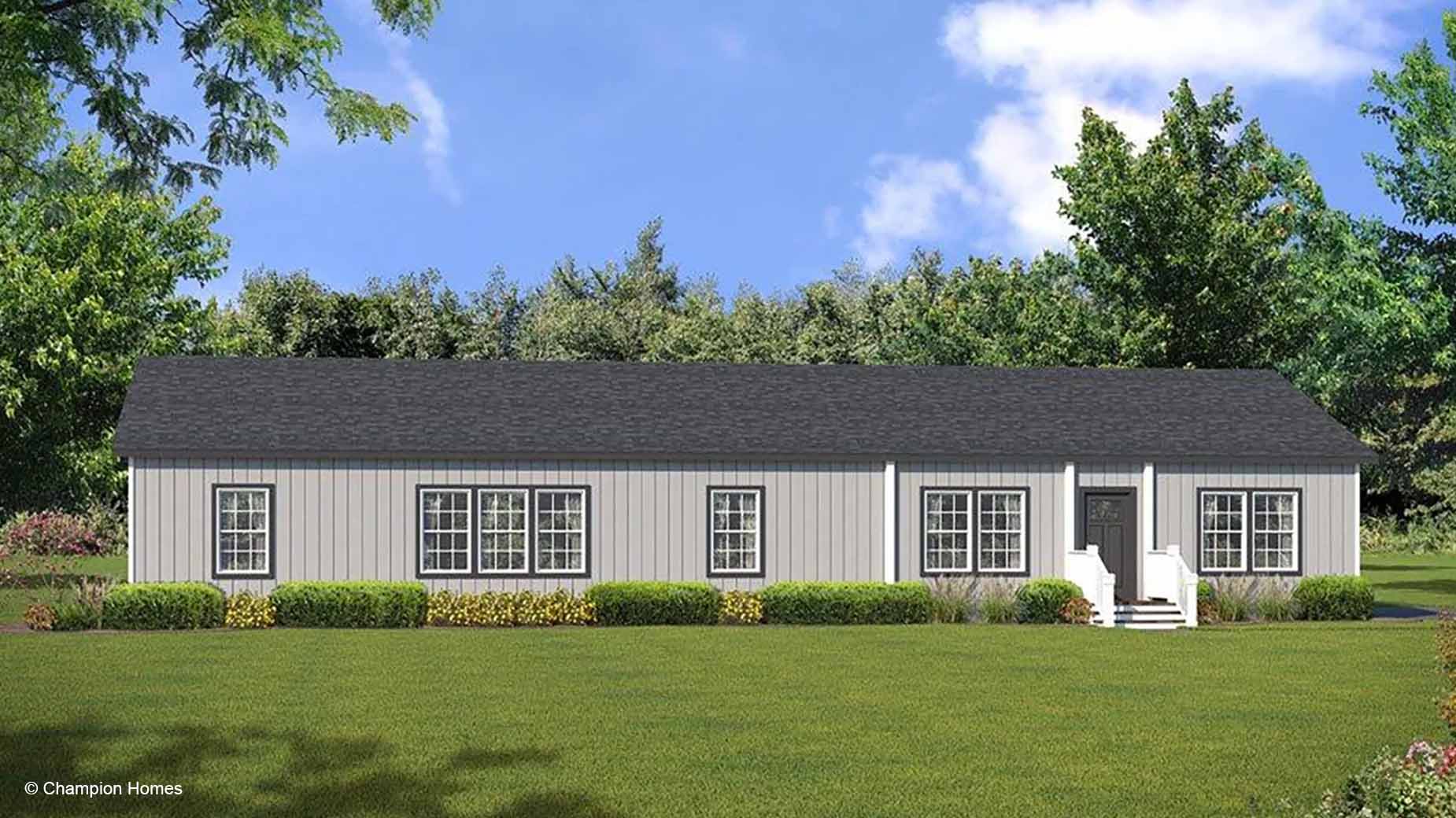 A single-story gray manufactured home rendering with white trim, black roof, and front porch, surrounded by grass and trees.